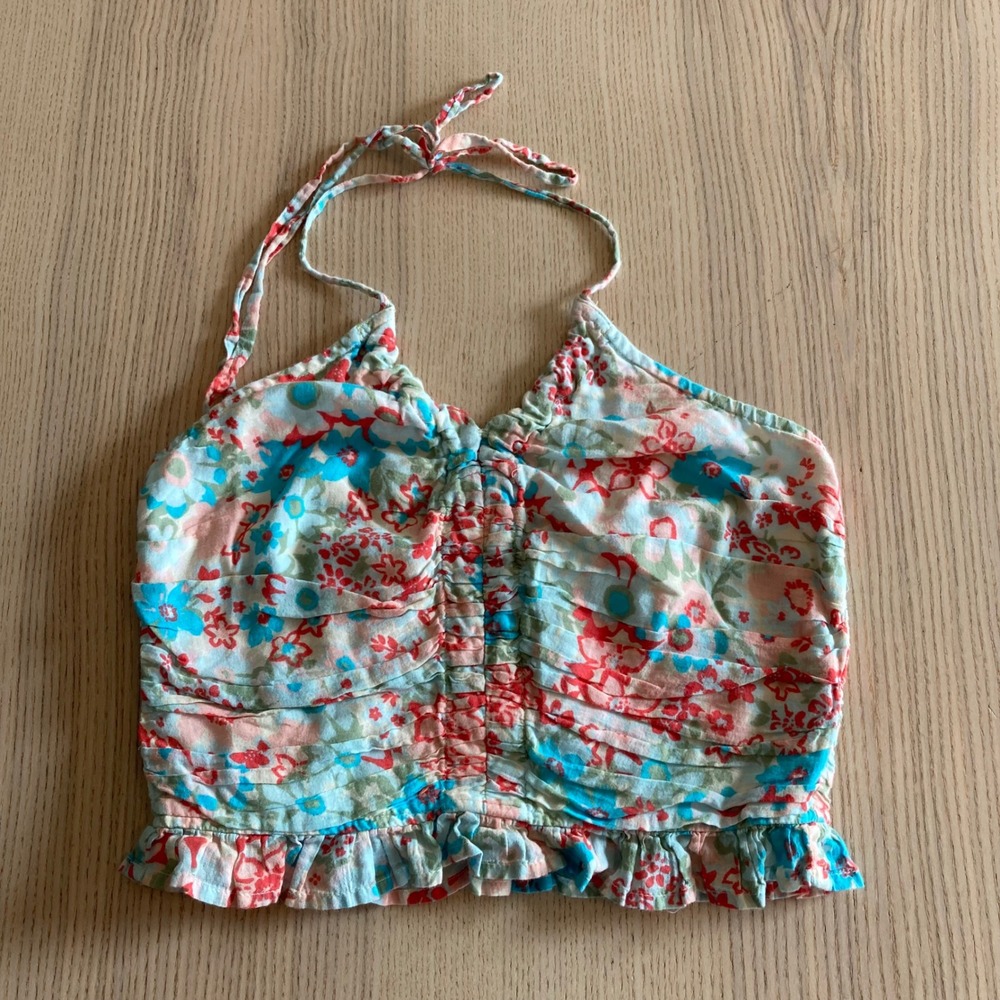 American Eagle Halter Top Womens Small Multicolor Floral Runch Smocked Boho Crop